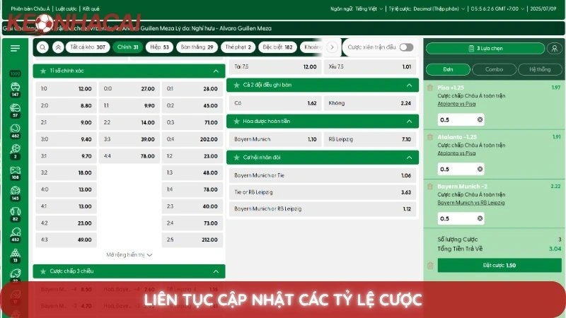 Liên tục cập nhật các tỷ lệ cược